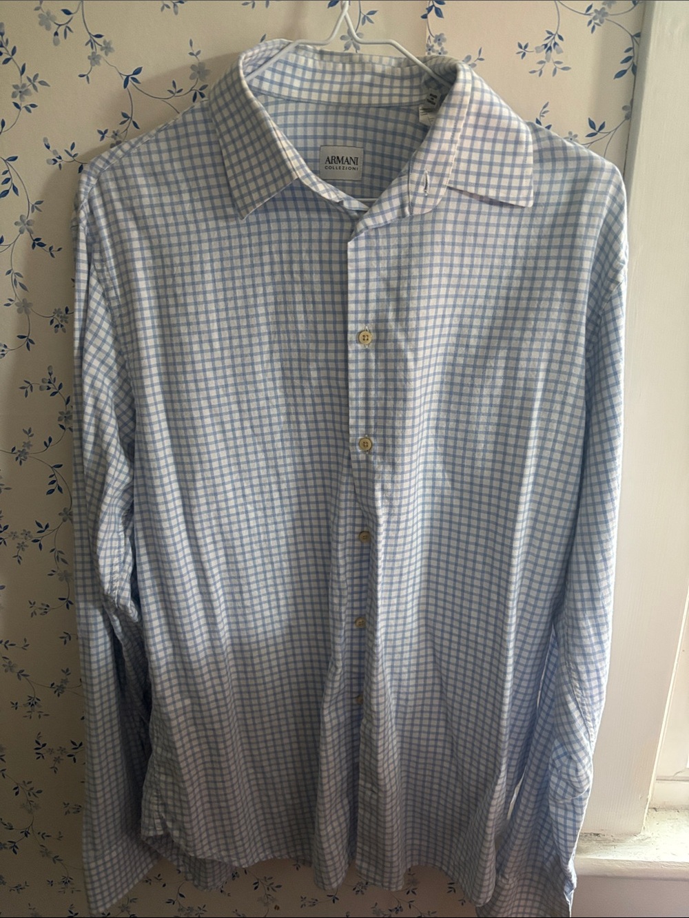 Armani Exchange Men's Light Blue and White Checked Dress Shirt